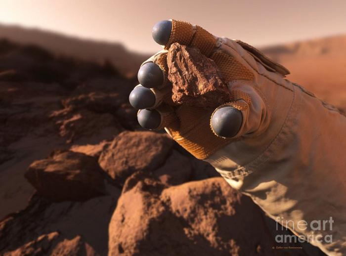 An astronaut holds a rock 100m