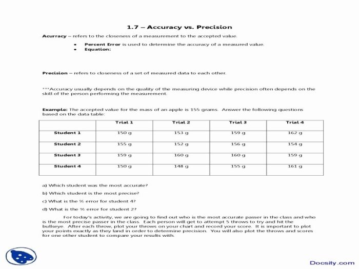 Accuracy and precision worksheet with answers